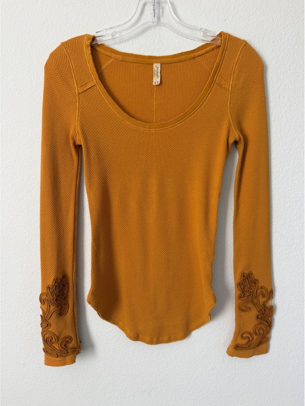 Free People Long Sleeve Scoop Neck Mustard Thermal Waffle Knit Top Size XS